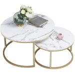 Wokaka - table basse ronde table gigogne 2 pices table d'appoint, bois marbr et pieds en mtal