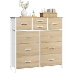 Woltu - commode  10 tiroirs en tissu meuble rangement, cadre en mtal, 100x30x100cm, chne clair + blanc ...