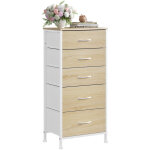 Woltu commode avec 5 tiroirs en tissu, meuble de rangement, en mdf cadre en m�tal, ch�ne clair + blanc ...