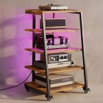 Xiiw - meuble hifi  5 etagres en bois et acier avec roulettes, support pour platine vinyle, meuble ...