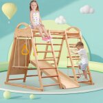 Aire de jeux multifonctionnelle 7 en 1, avec balanoire, chelle, toboggan, mur d'escalade, pierre d'escalade ...