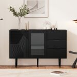 Buffet enfilade moderne à 3 tiroirs et 2 portes, commode avec pieds en métal et portes en verre, 120l ... Buffet enfilade moderne à 3 tiroirs et 2 portes, commode avec pieds en métal et portes en verre, 120l ...