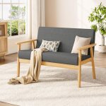 Yoleo - canap� � 2 places scandinave en tissu lin, banquette fauteuil salon cadre en bois, pour petit ...