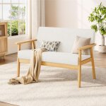 Canap  2 places scandinave en velours teddy, banquette fauteuil salon cadre en bois, pour petit espace, ...
