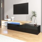 Neche - meuble tv design moderne lgant, 3 portes noir brillant, tagres en verre, clairage led, aspect ...