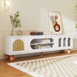 Neche - meuble tv moderne, porte coulissante en verre, trois zones d'arche ouvertes, poignes dores, ...