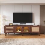Neche - meuble tv vintage, armoire pour tl 80' - 2 tiroirs en rotin - portes en verre bomb, eclairage ...