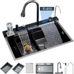Zamery - vier de cuisine cascade multifonction en acier inoxydable , evier de cuisine gris affichage ...