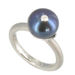 Bague argent 925 rhodi perle de culture grise fonce et son strass - taille 54