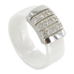Bague cramique blanche barrette argent 925 et strass - taille 50