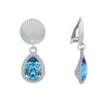 Boucles d'oreilles clips laiton argenté pastille striée et goutte cristal - bleu Boucles d'oreilles clips laiton argenté pastille striée et goutte cristal - bleu