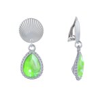 Boucles d'oreilles clips laiton argent pastille strie et goutte cristal - vert fluo