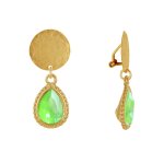 Boucles d'oreilles clips laiton dor pastille brosse et goutte cristal - vert fluo