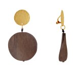 Boucles d'oreilles clip laiton mat pastille brosse ptale ronde en bois