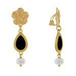 Boucles d'oreilles clip mtal dor fleur goutte maille et perle facette - noir