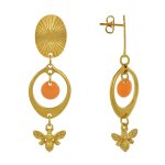 Boucles d'oreilles clous laiton dor cercle pastille color et abeille - orange