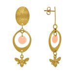 Boucles d'oreilles clous laiton dor� cercle pastille color� et abeille - orange clair