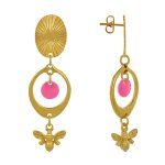 Boucles d'oreilles clous laiton dor cercle pastille color et abeille - rose