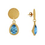 Boucles d'oreilles clous laiton doré pastille brossée et goutte cristal - bleu Boucles d'oreilles clous laiton doré pastille brossée et goutte cristal - bleu