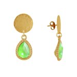 Boucles d'oreilles clous laiton dor pastille brosse et goutte cristal - vert fluo