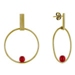 Boucles d'oreilles clous laiton rectangle plat cercle et perle de verre - rouge