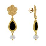 Boucles d'oreilles clous mtal dor fleur goutte maille et perle facette - noir