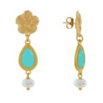 Boucles d'oreilles clous mtal dor fleur goutte maille et perle facette - turquo
