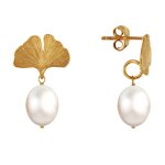 Boucles d'oreilles clous plaqu or feuille de ginkgo et perle blanche