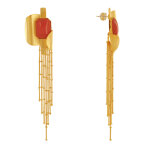 Boucles d'oreilles laiton doré formes incurvés et long fils pendant - rouge Boucles d'oreilles laiton doré formes incurvés et long fils pendant - rouge