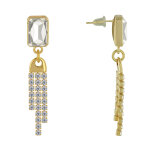 Boucles d'oreilles laiton dor pendante rectangle et trois liens de strass - blanc