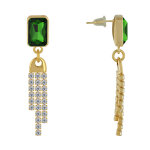 Boucles d'oreilles laiton dor pendante rectangle et trois liens de strass - vert
