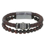 Les poulettes bijoux - bracelet acier homme cuir marron fonc� et perles oeil de tigr
