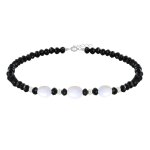 Bracelet argent 925 3 perles de culture blanches et perles facettes d'onyx noir