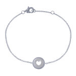 Bracelet argent 925 rhodié médaille ronde coeur ajouré et strass Bracelet argent 925 rhodié médaille ronde coeur ajouré et strass