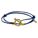 Bracelet double tour plaqu or fermoir t et lien en cuir coulissant - bleu navy