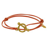 Bracelet double tour plaqu or fermoir t et lien en cuir coulissant - orange