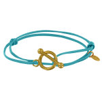 Bracelet double tour plaqu� or fermoir t et lien en cuir coulissant - turquoise