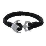 Bracelet homme argent 925 ancre et cuir noir deux liens tréssés ronds - taille 18 cm Bracelet homme argent 925 ancre et cuir noir deux liens tréssés ronds - taille 18 cm