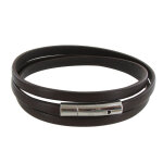 Les poulettes bijoux - bracelet homme cuir marron fonc� plat fermoir acier inoxydabl