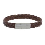 Les poulettes bijoux - bracelet homme cuir marron fonc� tr�ss� plat fermoir acier in