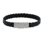 Les poulettes bijoux - bracelet homme cuir noir tr�ss� plat fermoir acier inoxydable