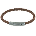 Les poulettes bijoux - bracelet homme cuir simple tr�ss� rond 19cm - marron clair