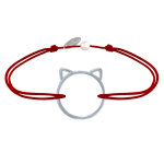 Les poulettes bijoux - bracelet lien m�daille argent 925 t�te de chat ajour� - rouge