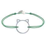 Les poulettes bijoux - bracelet lien m�daille argent 925 t�te de chat ajour� - vert