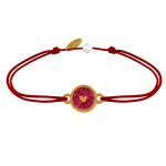 Les poulettes bijoux - bracelet lien m�daille laiton dor� ronde coeur emaill�e rouge
