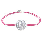 Bracelet lien mdaille de nacre ronde vierge  l'enfant - fuchsia