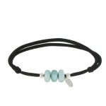 Bracelet lien noir 3 anneaux de larimar et deux perles argent 925 Bracelet lien noir 3 anneaux de larimar et deux perles argent 925
