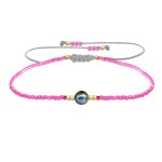 Bracelet lien perle d'eau douce noire et petites perles brillantes - rose fluo