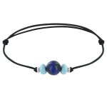 Bracelet lien perle de lapis lazuli deux anneaux de larimar et d'argent 925 - noir Bracelet lien perle de lapis lazuli deux anneaux de larimar et d'argent 925 - noir