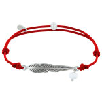 Les poulettes bijoux - bracelet lien plume laiton argent� et perle facett�e - rouge